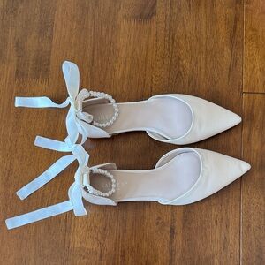 Ivory Satin Pointy Toe Bridal Flats w/Ribbon & Pearl strap